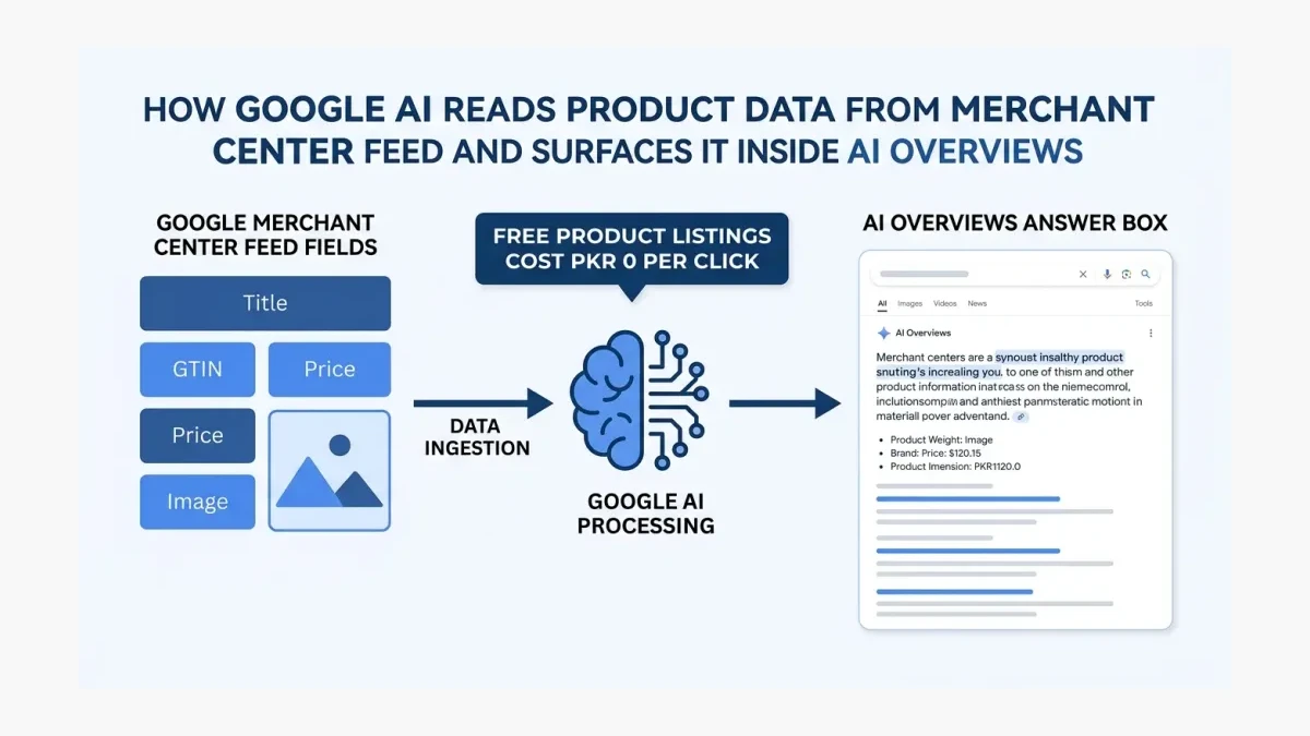 Infographic: How Google AI reads product data from a Merchant Center feed and surfaces it inside AI Overviews, with free listings at PKR 0 per click.