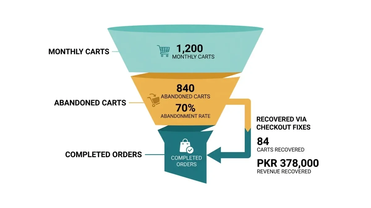Infographic: Funnel chart showing 1,200 monthly carts, 840 abandoned, and 84 carts recovered for PKR 378,000.