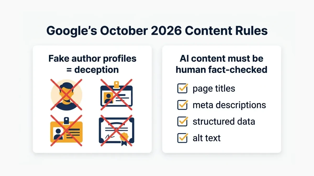 Infographic: Google's October 2026 rules on fake author profiles and human fact-checking of AI content.