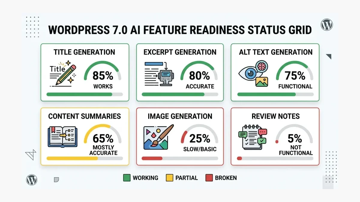 Infographic: WordPress 7.0 AI feature readiness showing working, broken, and pending features