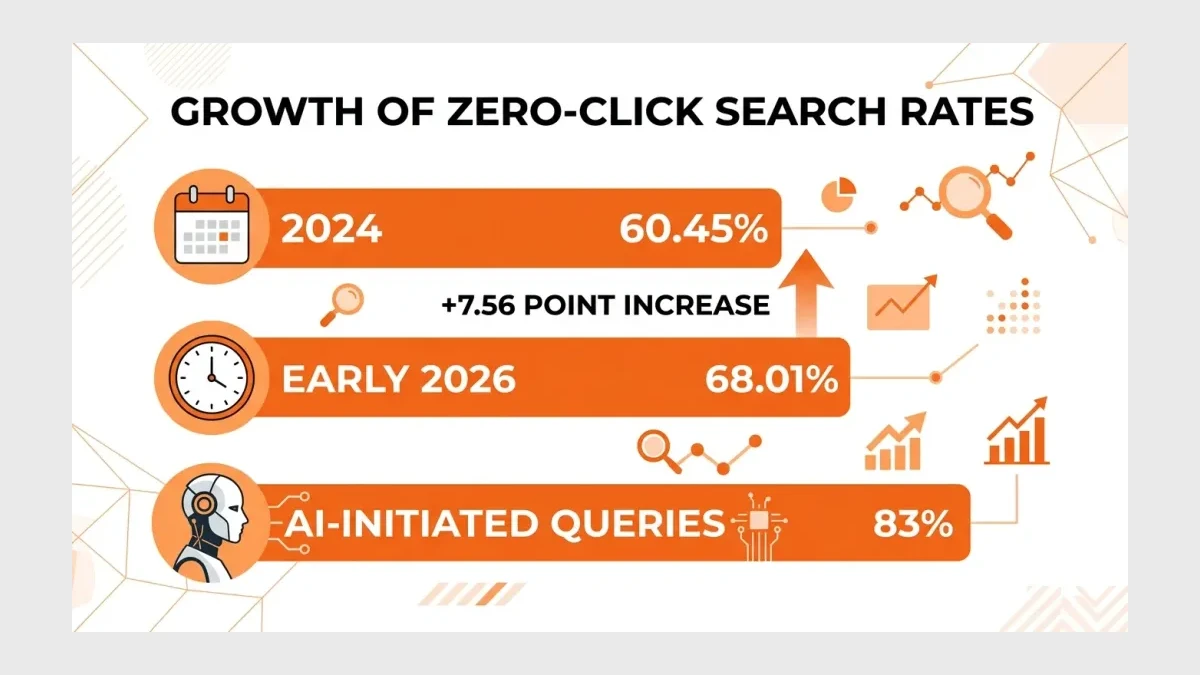 Infographic: Infographic showing zero-click search rate growth as horizontal bar chart: 2024 at 60.45%, Early 2026 at 68.01%, AI-init