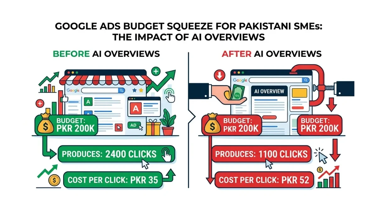 Infographic: Infographic showing the Google Ads budget squeeze for Pakistani SMEs: left side shows before with PKR 200K budget produc