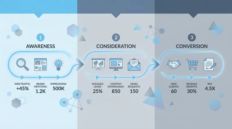 Customer journey optimization infographic showing awareness, consideration, conversion, and revenue growth stages