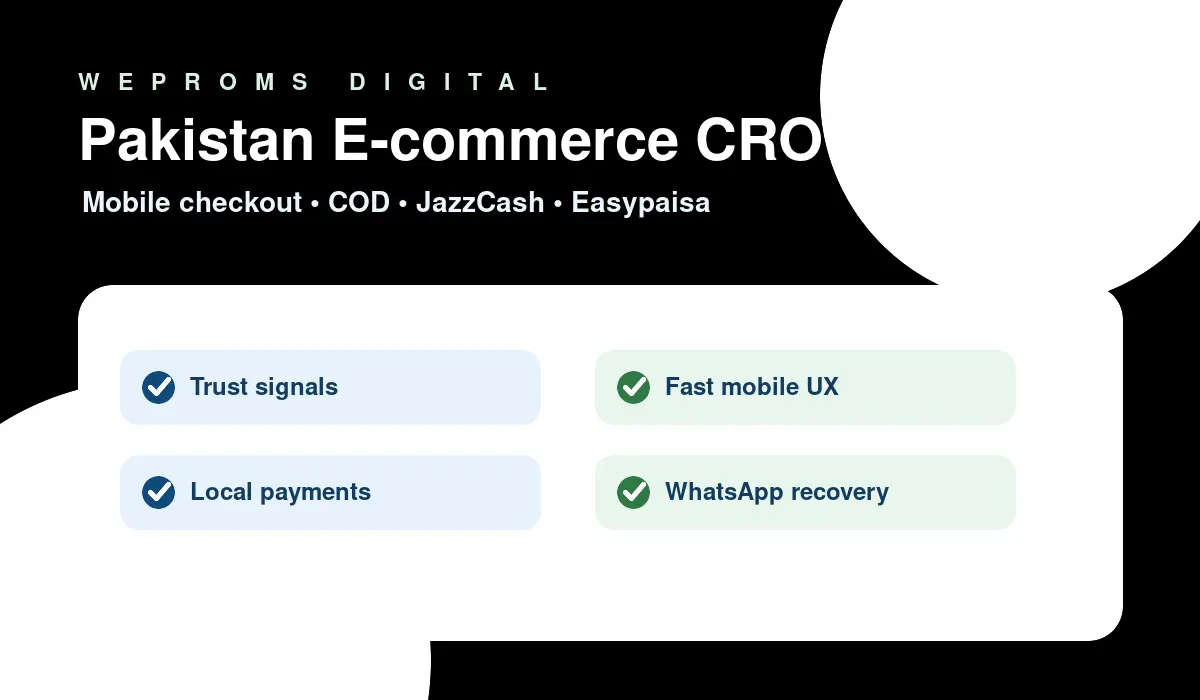 Pakistan ecommerce conversion optimization framework showing trust, mobile UX, local payments, and WhatsApp recovery