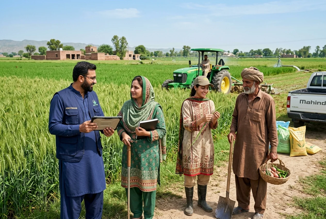 Illustrative scene: Agricultural workers discussing crops in a field.