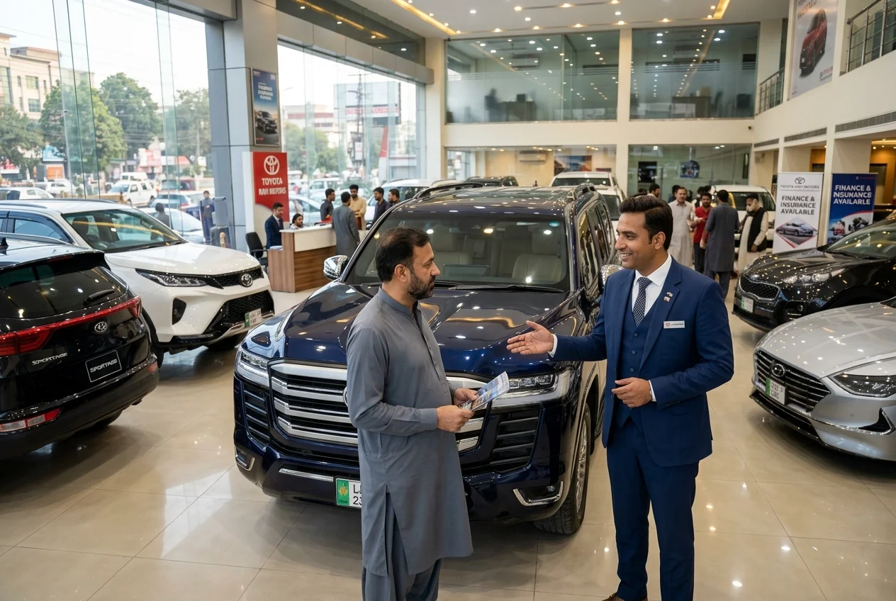Illustrative scene: A customer discussing a vehicle in a car showroom.