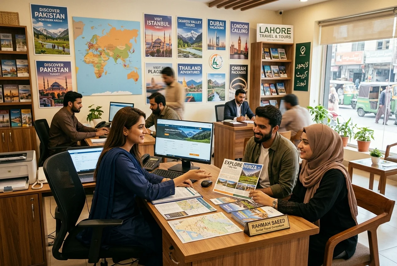 Illustrative scene: A travel consultation with maps and brochures.