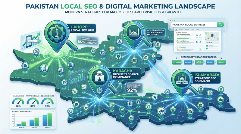 Pakistan local SEO and digital marketing landscape infographic showing Lahore, Karachi, Islamabad, Google map pack visibility, local citations, reviews, and traffic growth