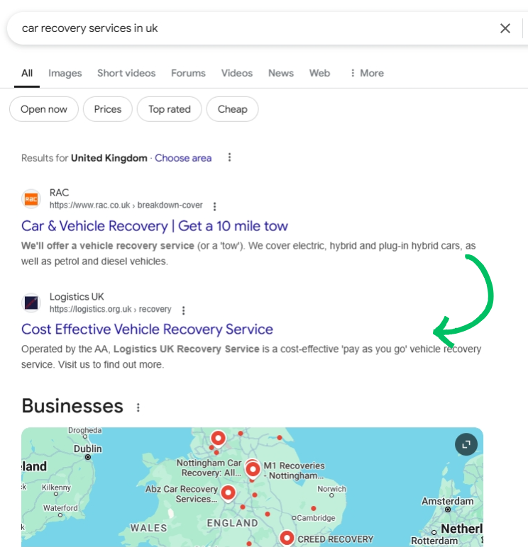 Keyword ranking proof screenshot from old WeProms landing page