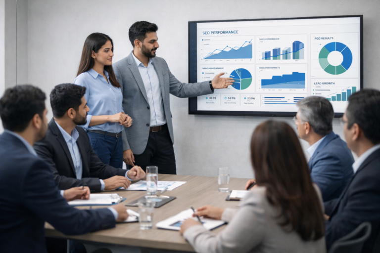 Online marketing agency in Pakistan presenting a digital marketing report to business owners in a meeting room