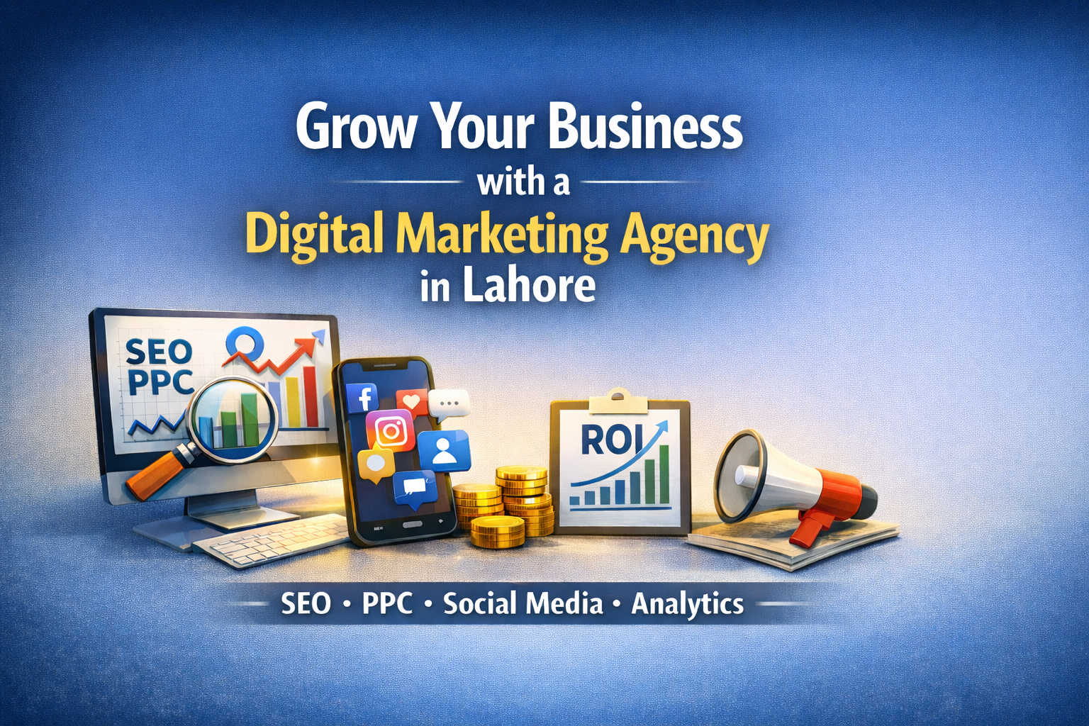 Digital Marketing Services For Lahore Businesses, Showcasing Seo, Ppc, Social Media, And Roi Metrics With Icons Representing Growth And Online Success.