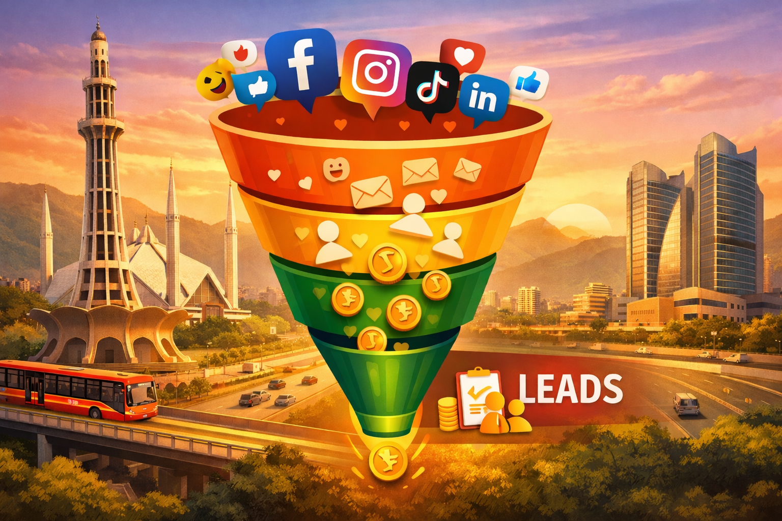 Modern Pakistani Cityscape With A Marketing Funnel Turning Social Media Likes Into Business Leads